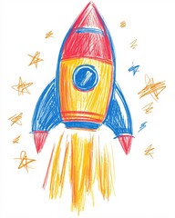 Hand drawn rocket with stars on white background using crayon style for kids design