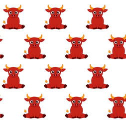 Obraz premium Beautiful cute bull seamless pattern cartoon character. Cute farm animal. Hand drawn style. Vector drawing. Design ornaments.