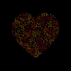 Multicolored motley heart on a black background. Heart of many colorful circles. Unusual design of a greeting card. Valentine's day greeting card. Dark decor for invitations, posters, decorations.