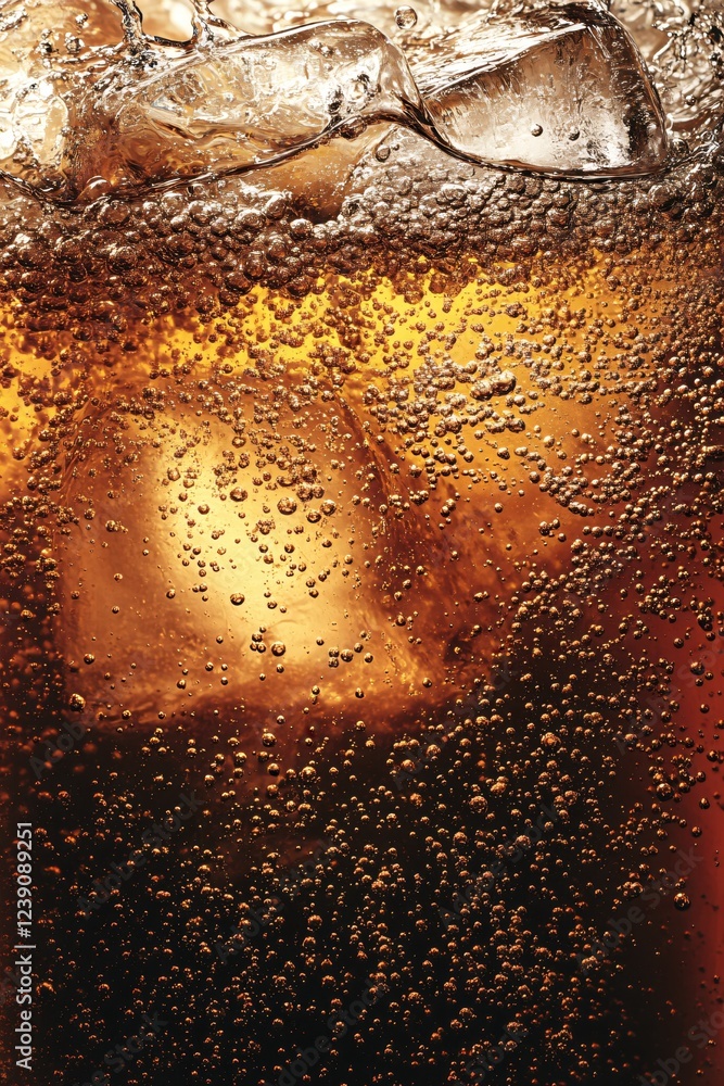Poster refreshing soda drink with ice cubes and bubbles creating a dynamic and textured background