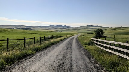 Fototapeta premium Scenic country road, tranquil rural landscape with rolling hills, lush green fields and a rustic fence, ideal for travel themes.