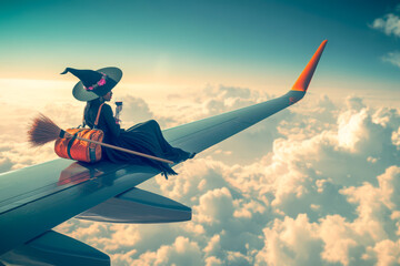 Witch Relaxing on Airplane Wing with Backpack and Wine