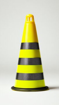 Yellow safety cone with black stripes standing on a plain background.