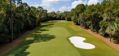 Picturesque golf course with smooth fairways, bunkers, and a serene tree-lined horizon, capturing the essence of nature and recreation