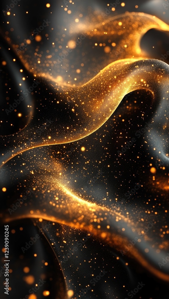 Poster abstract background with flowing golden and silver particles. dark background with glittering lights