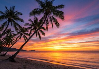 Tropical beach sunset. Two palm trees silhouetted against vibrant sky. Calm ocean, peaceful, paradise