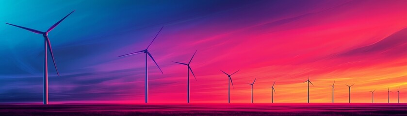 Obraz premium Colorful sunset over wind turbines in landscape.