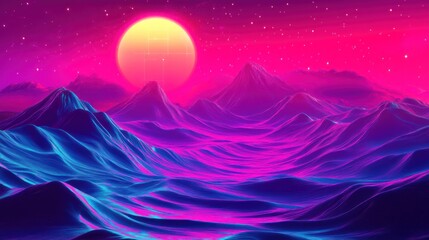 Obraz premium Vibrant synthwave landscape with neon mountains, large sun, and starry night sky.