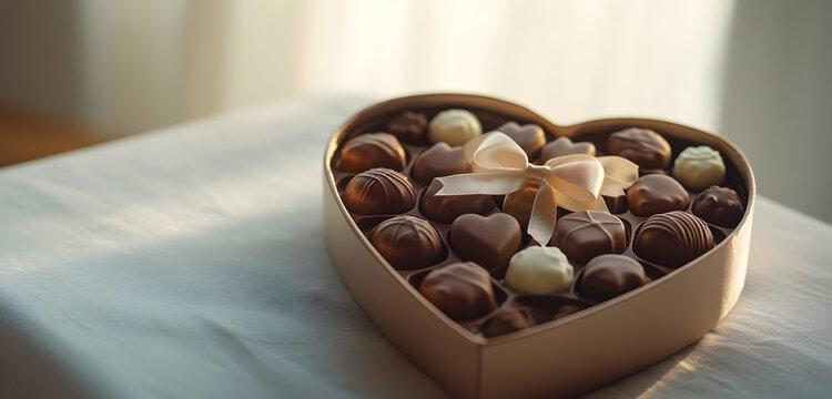 A heart-shaped box of chocolates, elegantly arranged with a delicate satin ribbon, isolated against a clean, soft background.