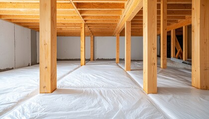 Residential crawl space with polyethylene moisture barrier, wooden supports, and ventilation, showcasing a protected and organized space