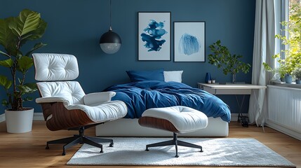 Serene Mid-Century Modern Bedroom: White Leather Lounge Chair and Ottoman