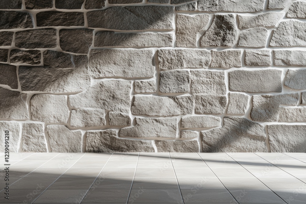 Poster rustic gray stone wall with uneven patterns and a neutral tiled floor, versatile background for crea