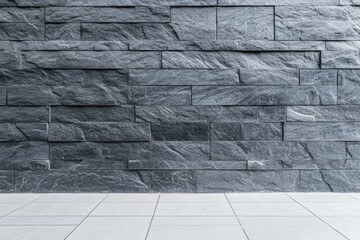 Fototapeta premium Rustic gray stone wall with uneven patterns and a neutral tiled floor, versatile background for creative compositions