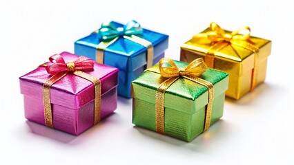 Obraz premium Miniature Gift Boxes, Tilt-Shift, White Background, Festive Presents, Holiday Packaging