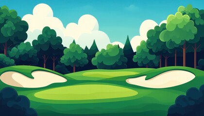 Obraz premium Serene golf course landscape featuring vibrant greens, sand hazards, and a row of lush trees, perfect for outdoor and sports themes