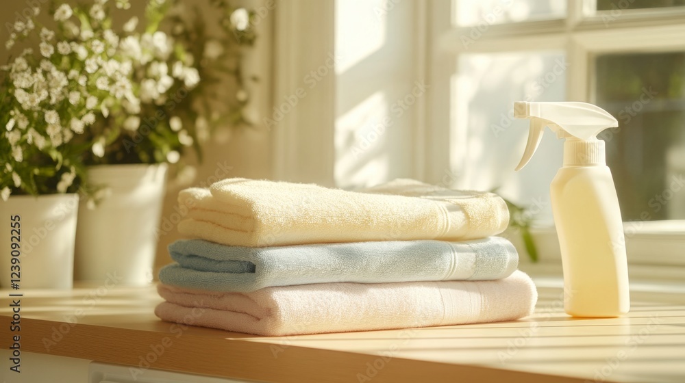 Poster soft towels are neatly stacked on a wooden surface next to a spray bottle. sunlight streams through 