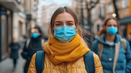 Fototapeta premium Woman in mask walking city street, background blurred