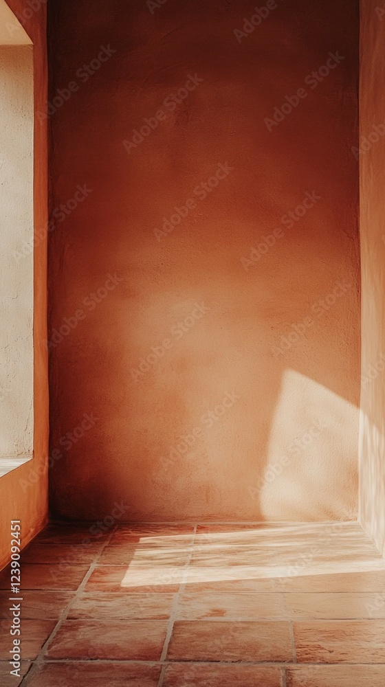 Poster a warm terracotta wall complements the tranquil ambiance of the corner. sunlight gently filters thro