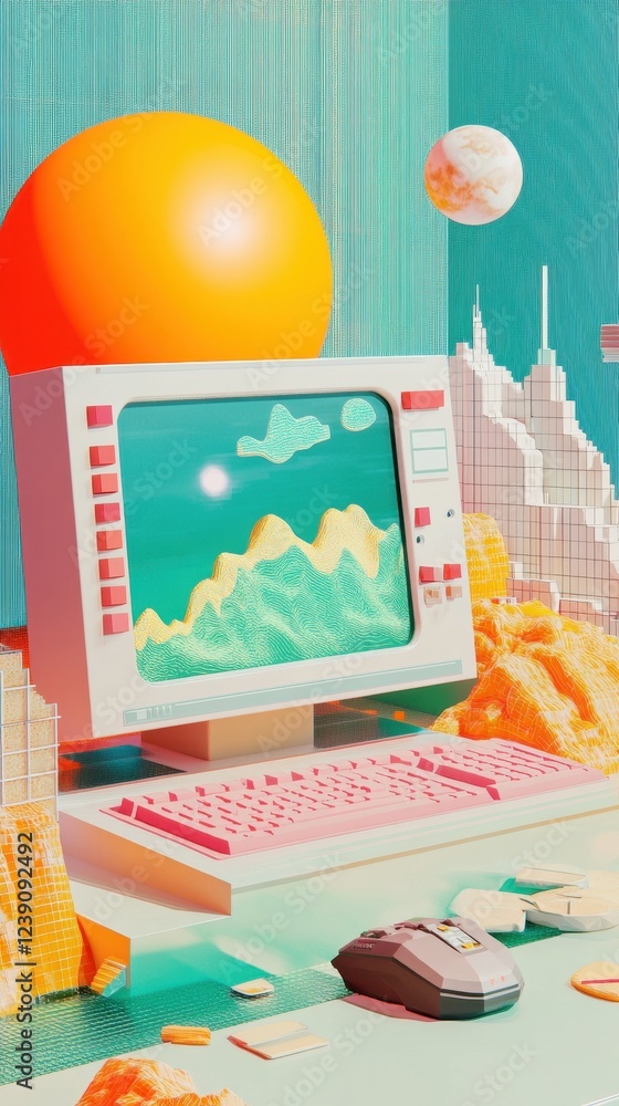Poster retro computer desktop scene with abstract landscape