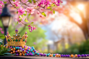Colorful beaded crown in spring blossom setting under soft sunlight, Mardi Gras carnival decor