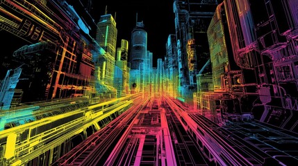 Rainbow Hues Illuminate Futuristic Cityscape Wireframe
