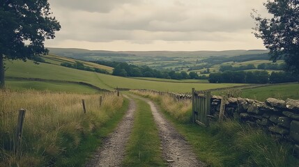 Scenic country road, serene rural landscape with grassy fields and distant hills under a cloudy sky, perfect for nature themes.