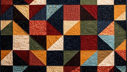 Traditional quilt pattern with colorful geometric fabric squares, offering a rich blend of textures and nostalgic charm
