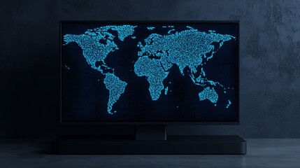 Glowing world map displayed on a modern screen.