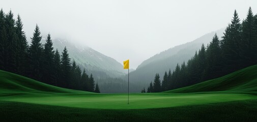 Tranquil golf course landscape featuring neatly trimmed greens, sand traps, and tall pine trees, ideal for outdoor sports visuals