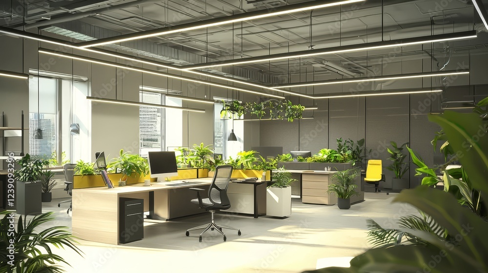 Poster ergonomically designed office chairs and work desks for optimal productivity.