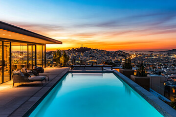Rooftop Infinity Pool with Stunning City Skyline View at Sunset