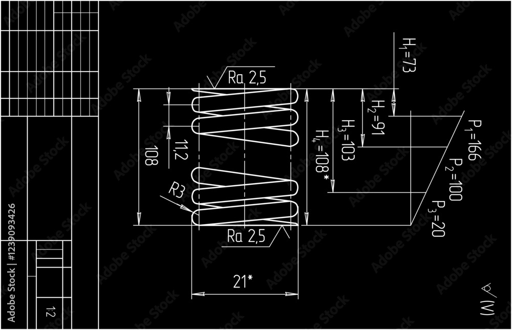Poster assembly drawing of wire spring. vector design of steel mechanical device with dimension lines. engi