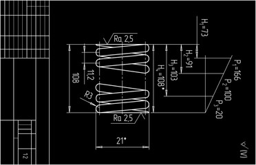 Assembly drawing of wire spring.
Vector design of steel mechanical device with 
dimension lines.
Engineering technic computer cad scheme on 
paper sheet. Hand drawn sketch.
Technical template.