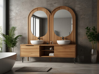 Modern bathroom with wooden cabinets, dual sinks, and arched mirrors, light background. Contemporary home or hotel concept. 3D Rendering