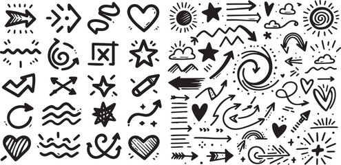 Line arrow hand drawn shape brush underline stroke element vector set. Hand drawn doodle sketch arrow, circle, star brush stroke scribble underline icon. Marker doodle heart vector illustration