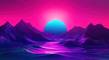 Fotobehang Vibrant pink and purple landscape with a large blue sun setting behind mountains. © Nurdwi