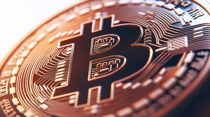 Obraz premium Close-up view of a Bitcoin, symbolizing digital currency and blockchain technology. Reflects modern finance and investment trends.