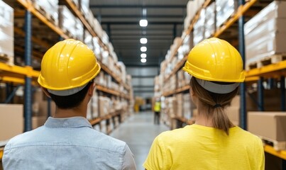 Two workers in yellow hard hats observing a warehouse filled with stacked boxes, showcasing a busy industrial environment.