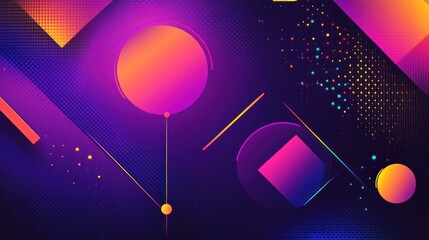 Abstract vibrant geometric shapes, neon gradient colors, dark background, digital art.