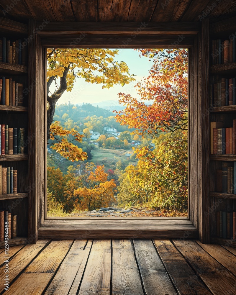 Poster autumn view from a wooden window with bookshelves showing colorful fall trees and a village