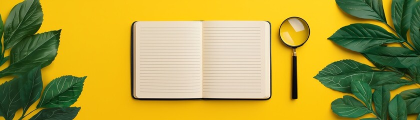 Open notebook with green leaves and magnifying glass.