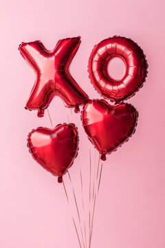 Red xo and heart balloons on soft pink background for celebrations and romantic occasions