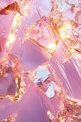 Abstract shattered glass on pink background with reflective golden highlights