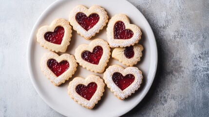 Heart-shaped linzer cookies with raspberry jam on white plate