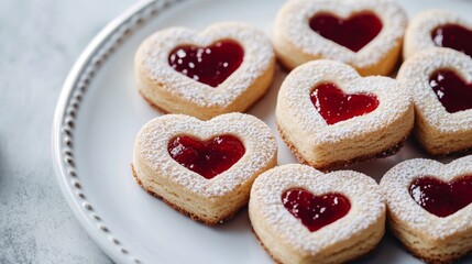 Heart-shaped linzer cookies with raspberry jam on white plate