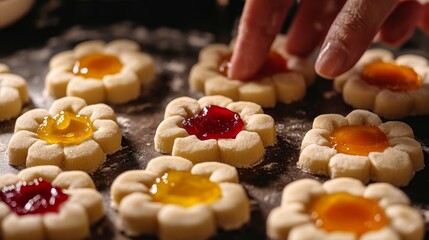 Delicious flower-shaped cookies with colorful jam centers in kitchen setting