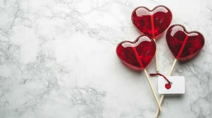 Heart-shaped lollipops with tag on marble surface
