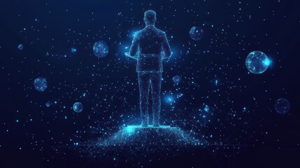 Digital businessman standing on a platform, surrounded by glowing spheres.