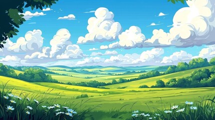 Vibrant summer fields and rolling hills in a cartoon style.