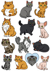 set of icons, illustrations of cats of different breeds, cartoon character kitty, cat stickers, kitten, cute, funny, illustration on a white background